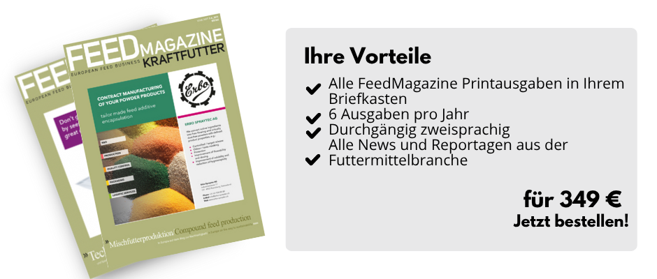 rechts: zwei FeedMagazines, links: Ihre Vorteile, Alle FeedMagazine Printausgaben in Ihrem Briefkaste, 6 Ausgaben pro Jahr, Durchgängig zweisprachig, Alle News und Reportagen aus der Futtermittelbranche, für 349 €, jetzt bestellen