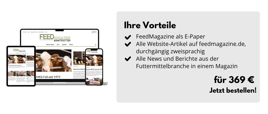 links: Dreiklang aus Desktop, Tablet und Handy mit jeweils der Startseite von FeedMagazine, links: Ihre Vorteile, FeedMagazine als E-Paper, Alle Website-Artikel auf feedmagazine.de, durchgängig zweisprachig, Alle News und Berichte aus der Futtermittelbranche in einem Magazin, für 369 €, Jetzt bestellen!