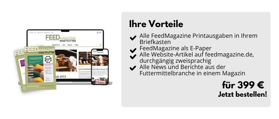 links: Dreiklang aus Desktop, Tablet und Handy mit jeweils der Startseite von FeedMagazine, sowie die Zeitschrift, rechts: Ihre Vorteile: Alle FeedMagazine Printausgaben in Ihrem Briefkasten, FeedMagazine als E-Paper, Alle Website-Artikel auf feedmagazine.de, durchgängig zweisprachig, Alle News und Berichte aus der Futtermittelbranche in einem Magazin, für 399 €, Jetzt bestellen!