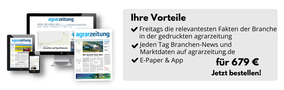 Ihre Vorteile

Freitags die relevantesten Fakten der Branche in der gedruckten agrarzeitung
Jeden Tag Branchen-News und Marktdaten auf agrarzeitung.de
E-Paper & App

für 679 €
Jetzt bestellen!